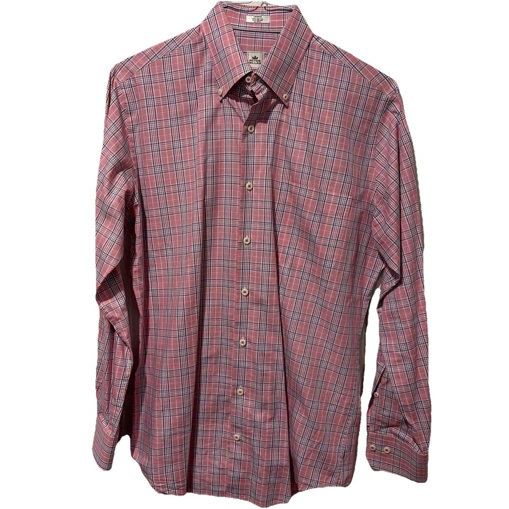 Peter Millar 100% Cotton Long Sleeve Button Down Men Size Medium Plaid Pink Blue